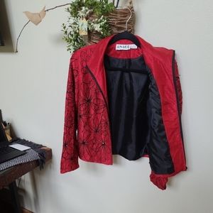 Anage Red Silk zip front jacket w/ bead and sequin print. Womens SZ M. VINTAGE